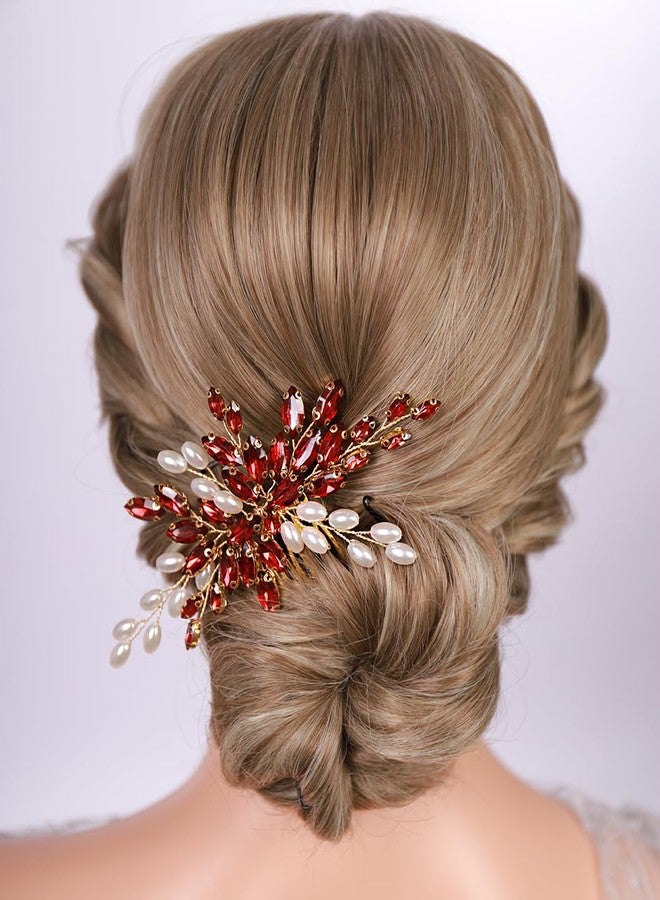 Xerling Pearls Rhinestone Hair Comb Wedding Hair Accessories Vintage Bridal Side Comb Floral Headpiece Hair Jewelry Multi Colors Head Piece for Women Brides (Wine Red) - Image 2